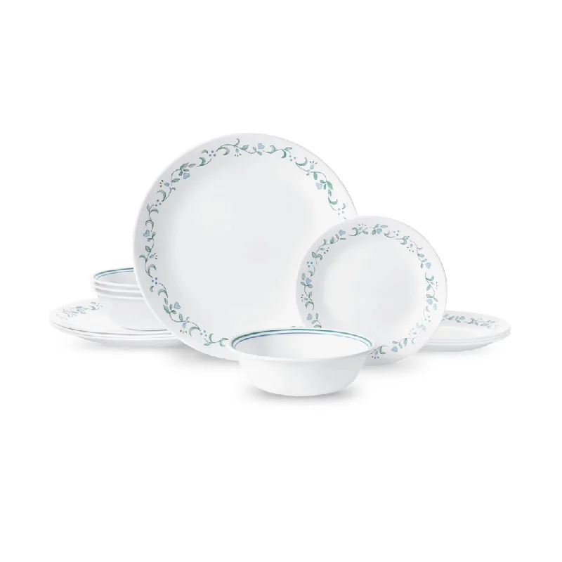 12-Piece Corelle Country Cottage White & Green Round Dinnerware Set