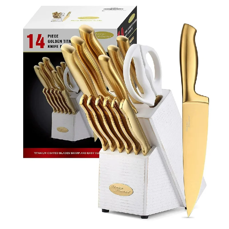 14-Piece Titanium Coated Stainless Steel Kitchen Knife Set with Block