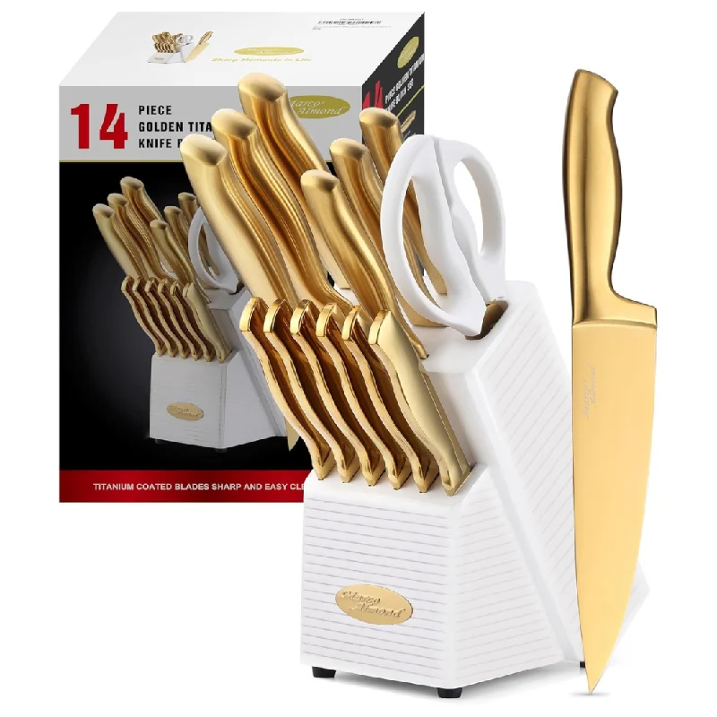 14-Piece Titanium Coated Stainless Steel Kitchen Knife Set With Block