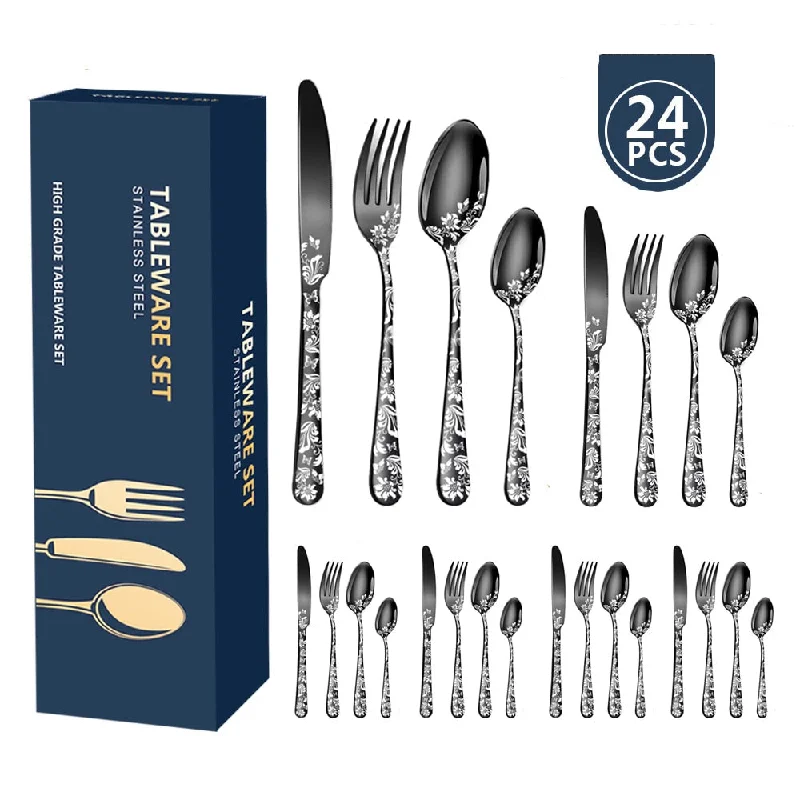 24Pcs Explosive Pattern Stainless Steel Cutlery Set Dinnerware Set