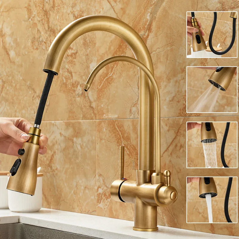 Pull Out Kitchen Faucet Solid Brass Crane Kitchen Deck Mounted Tap