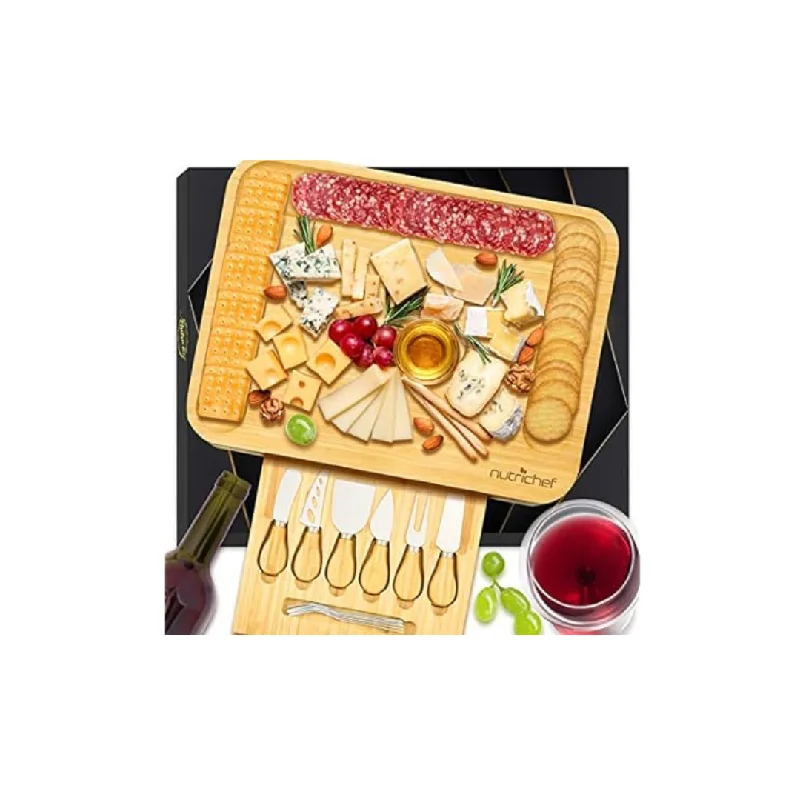 NutriChef Natural Bamboo Cheese Board Set w/4-Pieces Cutting Knife Slicer