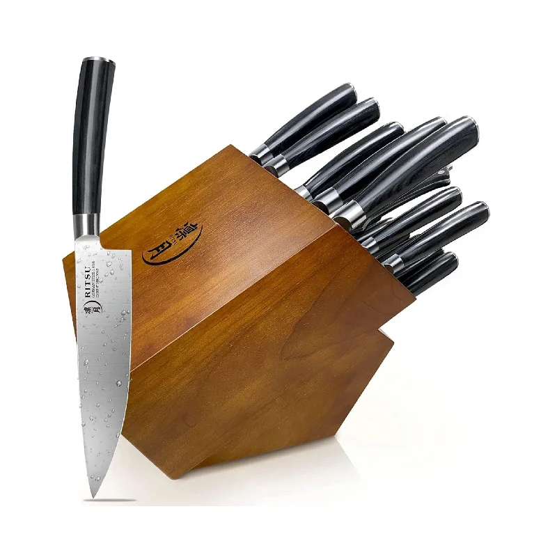 RITSU 17 Piece Professional Kitchen Knife Block Set With Sharpener & Scissors