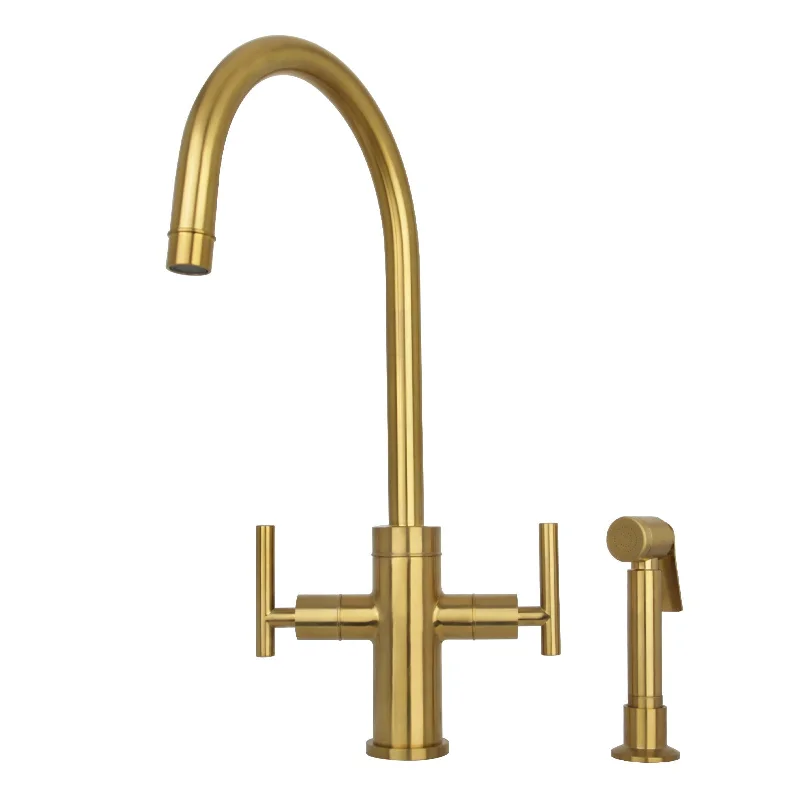 Two-Handle Brushed Gold Widespread Kitchen Faucet with Side Sprayer-AK96766-BTG