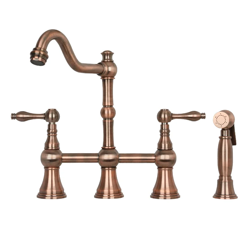 Two-Handles Antique Copper Bridge Kitchen Faucet with Side Sprayer - AK96718-AC