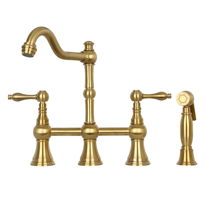 Two-Handles Brushed Gold Bridge Kitchen Faucet with Side Sprayer - AK96718BTG