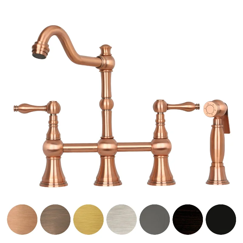 Two-Handles Copper Bridge Kitchen Faucet with Side Sprayer - AK96718C