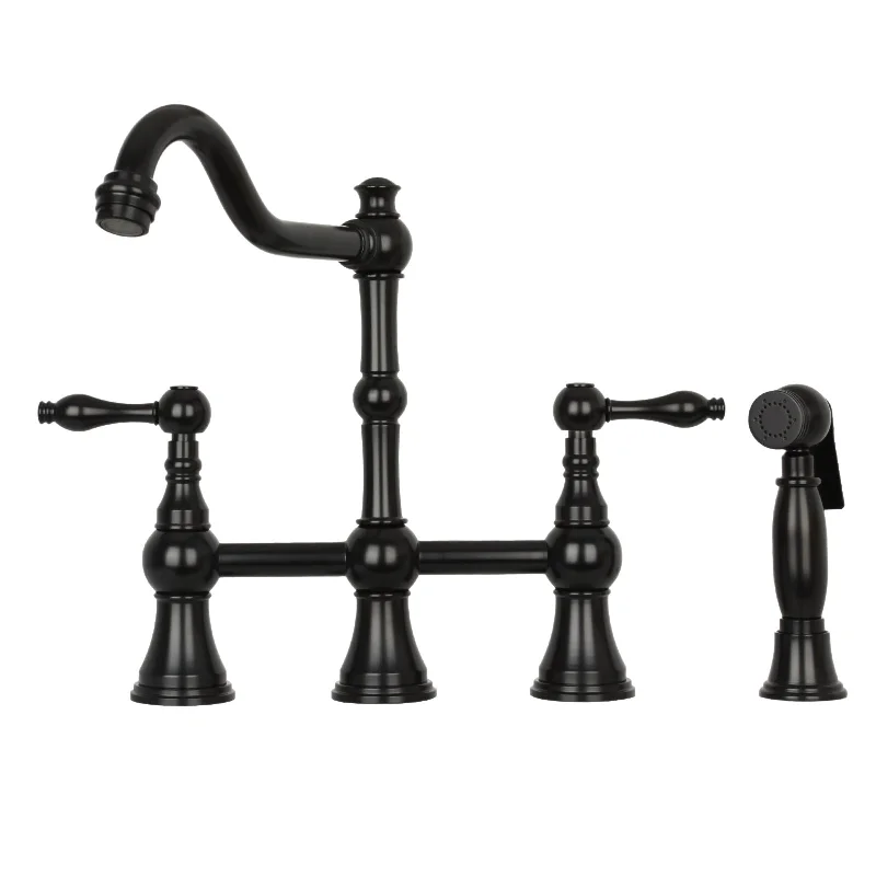 Two-Handles Matte Black Bridge Kitchen Faucet with Side Sprayer - AK96718-MB