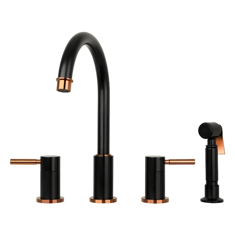 Two-Handles Matte Black & Rose Gold Widespread Kitchen Faucet with Side Sprayer - AK96866-BLRG