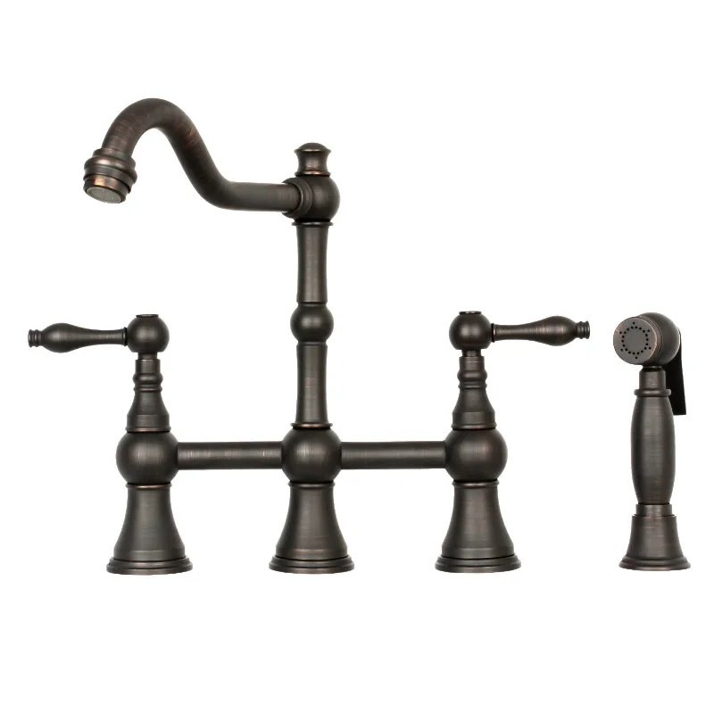 Two-Handles Oil Rubbed Bronze Bridge Kitchen Faucet with Side Sprayer - AK96718-ORB