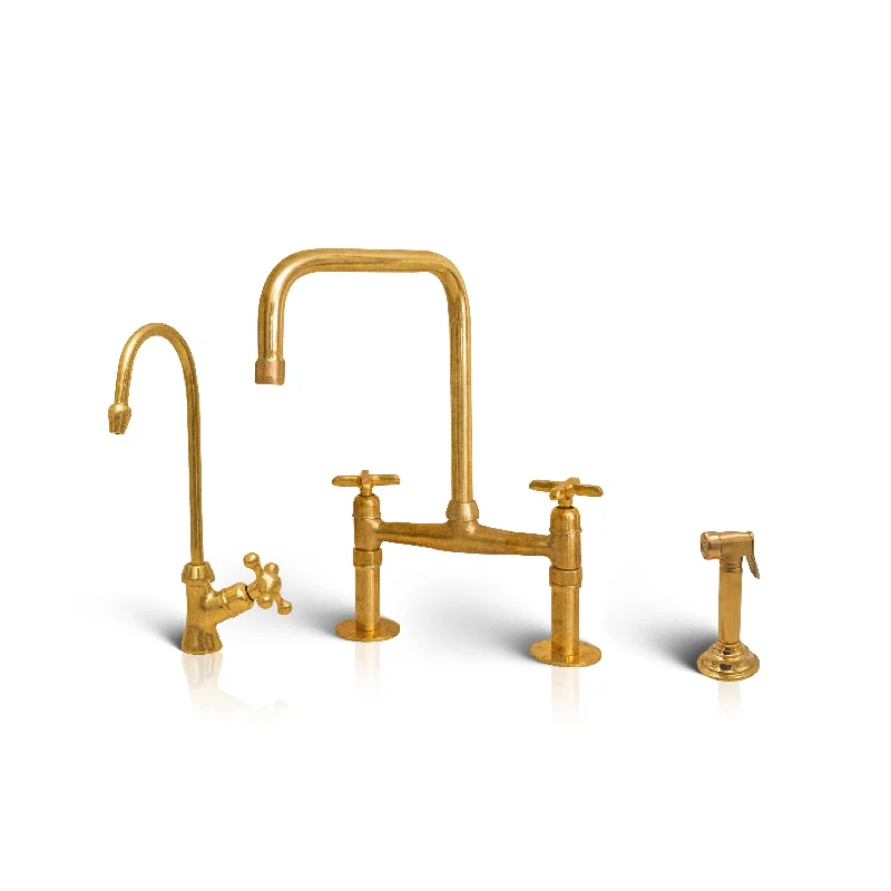 Unlacquered Bridge faucet	- Unlacquered Brass Kitchen Faucet - 8" Bridge Faucet With Sprayer and Cold Water Dispenser