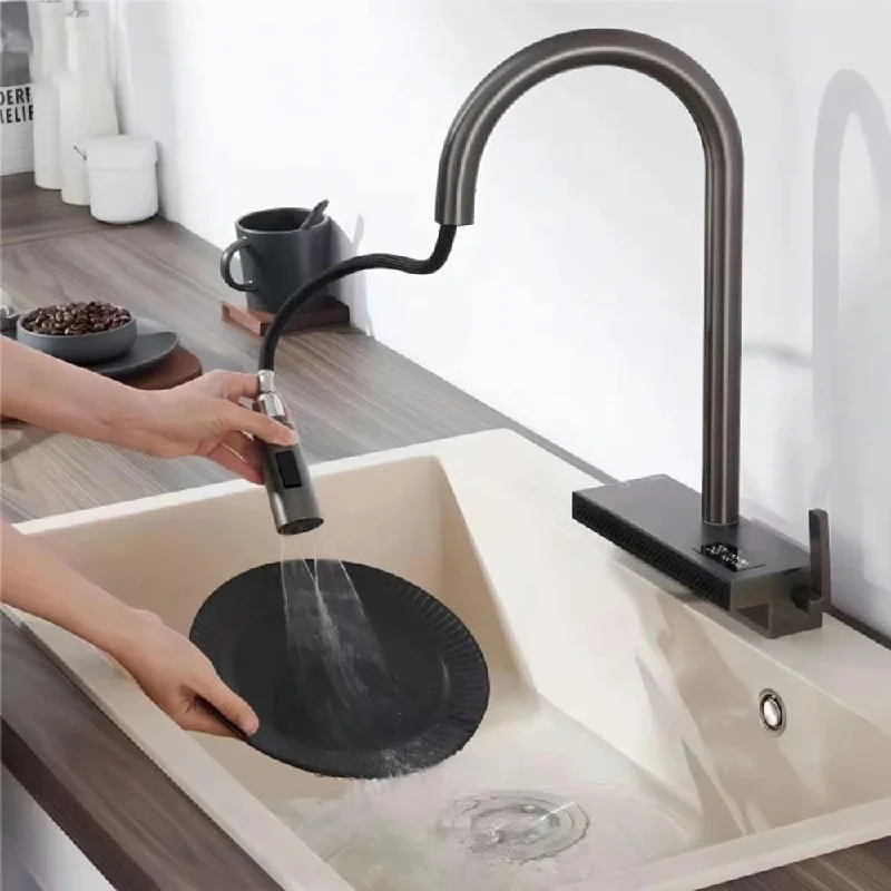 Waterfall Kitchen Faucet Temperature Display Pull Out Sink Tap