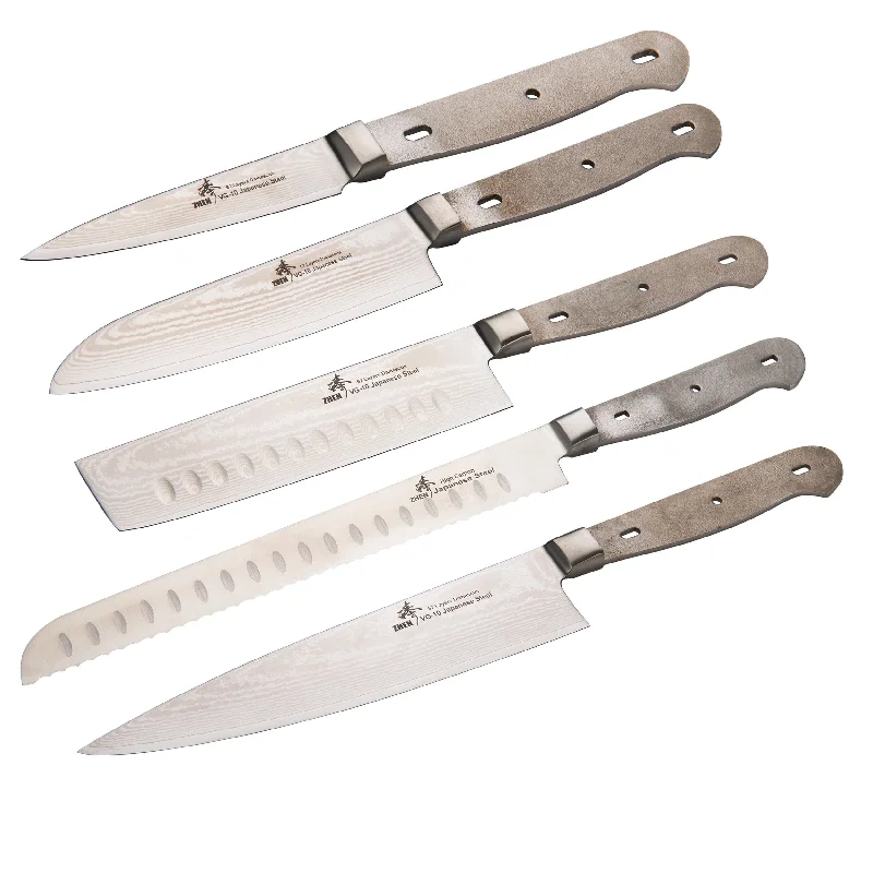 Kitchen Knife Set - Nakiri Chef Santoku Paring and Bread Knife - Damascus - Unfinished Kit - 5 Piece