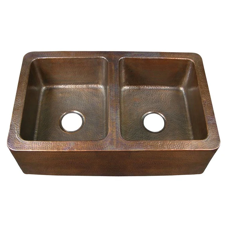 Kitchen Sink 33-3/4L x 20-3/4W Inch Double Bowl Pembroke Farmer Hammered Antique Copper Round Edge Rectangle