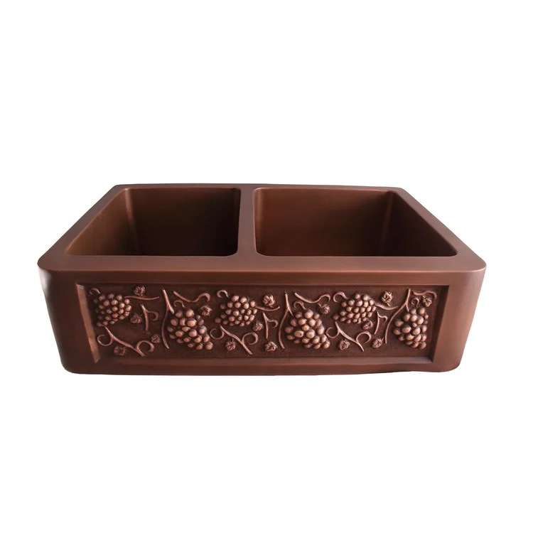 Kitchen Sink 33L x 21-1/2W Inch Double Bowl Concord Offset Farmer Smooth Antique Copper Round Edge Rectangle