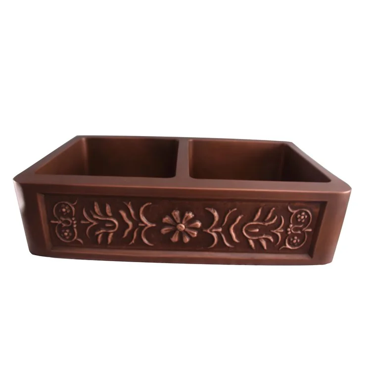 Kitchen Sink 36L x 21-7/8W Inch Double Bowl Sicily Embossed Farmer Smooth Antique Copper Round Edge Rectangle