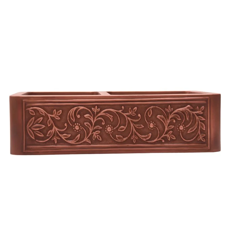 Kitchen Sink Cilantro 33L x 21-3/4W Inch Double Bowl Cilantro Embossed Farmer Smooth Antique Copper Round Edge Rectangle