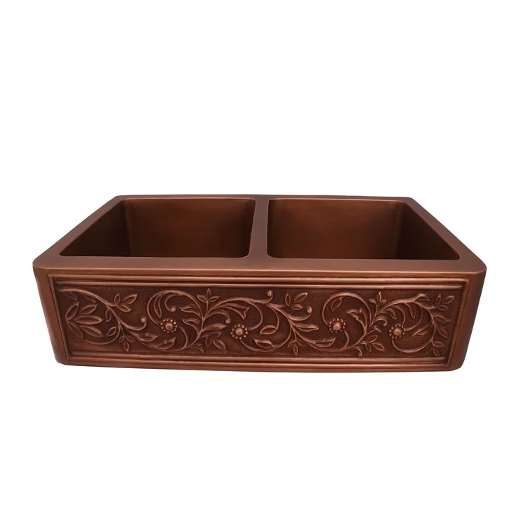 Kitchen Sink Cilantro 36L x 21-3/4W Inch Double Bowl Cilantro Embossed Farmer Smooth Antique Copper Round Edge Rectangle