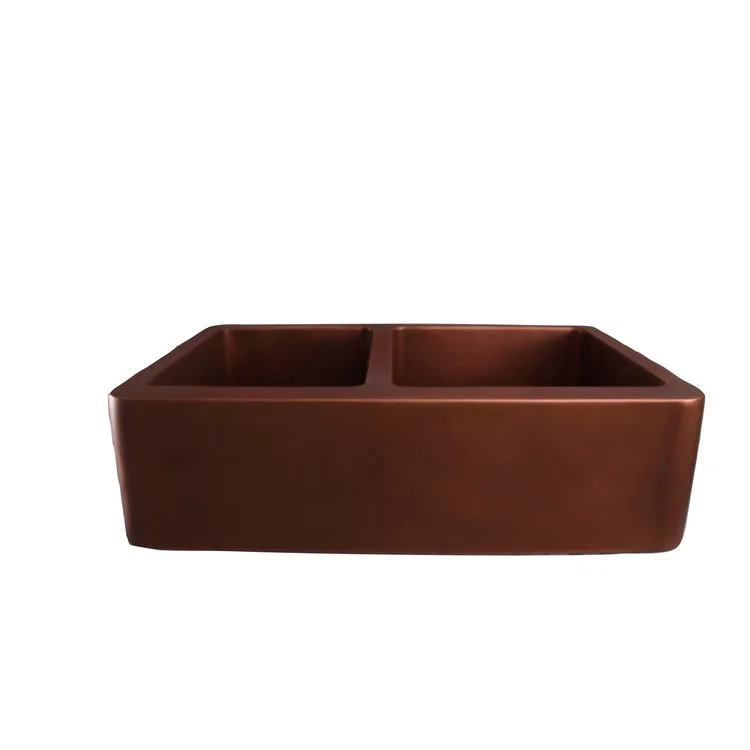 Kitchen Sink 33L x 21-3/4W Inch Double Bowl Otero Smooth Offset Farmer Smooth Antique Copper Round Edge Rectangle