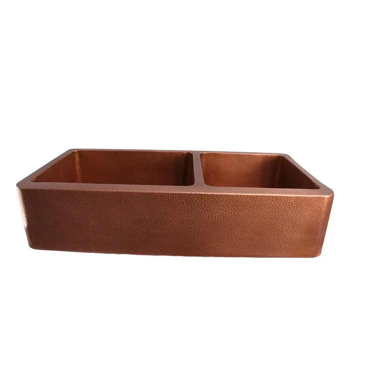 Kitchen Sink 42L x 21-3/4W Inch Double Bowl Pandan Farmer Hammered Antique Copper Round Edge Rectangle