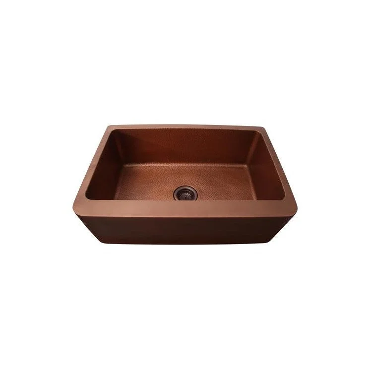 Kitchen Sink 33L x 22W Inch Single Bowl Bentley Farmer Hammered Interior Smooth Antique Copper Round Edge Rectangle