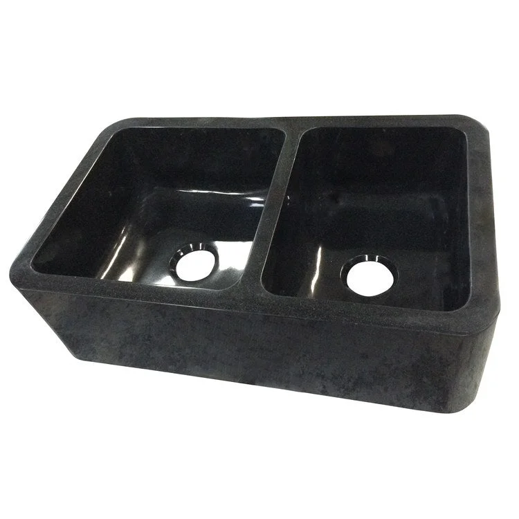 Kitchen Sink 33L x 20W Inch Double Bowl Aubrey Offset Farmer Polished Black Granite Rectangle