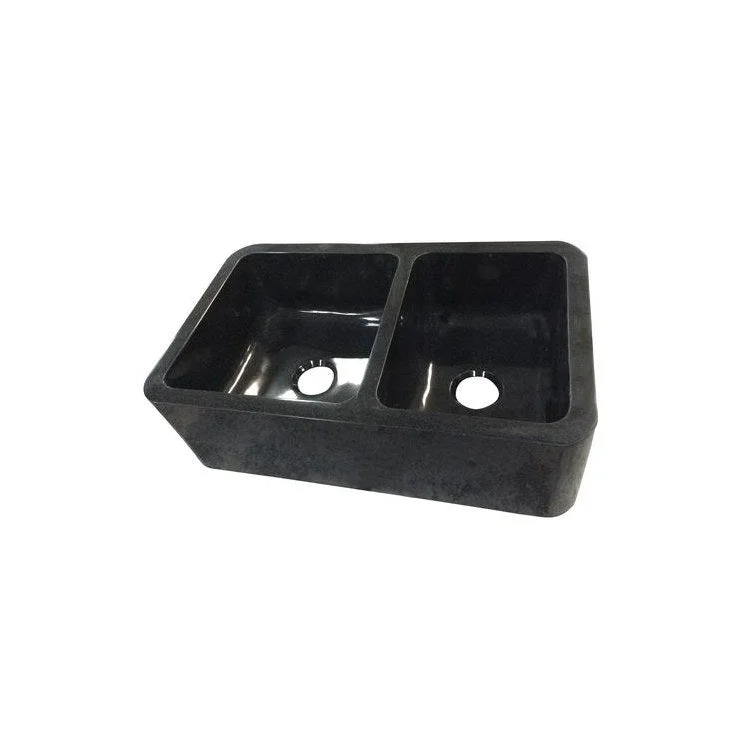 Kitchen Sink 36L x 20W Inch Double Bowl Aubrey Offset Farmer Polished Black Granite Rectangle