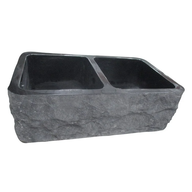 Kitchen Sink 33L x 20W Inch Double Bowl Bowdon Chiseled Front Farmer Polished Black Granite Rectangle