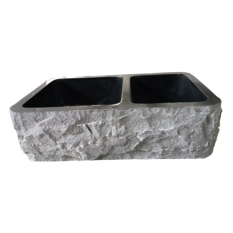 Kitchen Sink 33L x 20W Inch Double Bowl Brandi Chiseled Front Farmer Polished Black Granite Rectangle