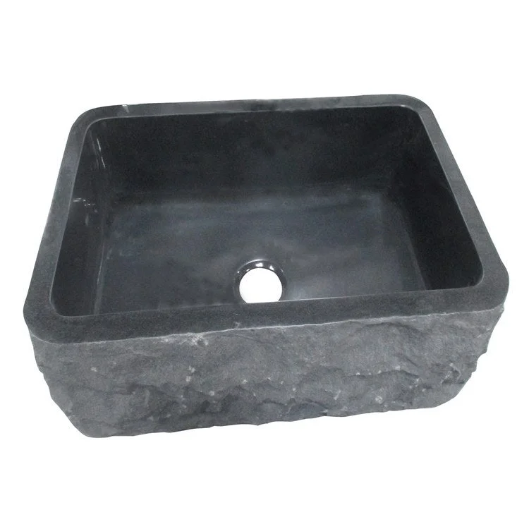 Kitchen Sink 24L x 20W Inch Single Bowl Birgitta Chiseled Front Farmer Polished Black Granite Rectangle