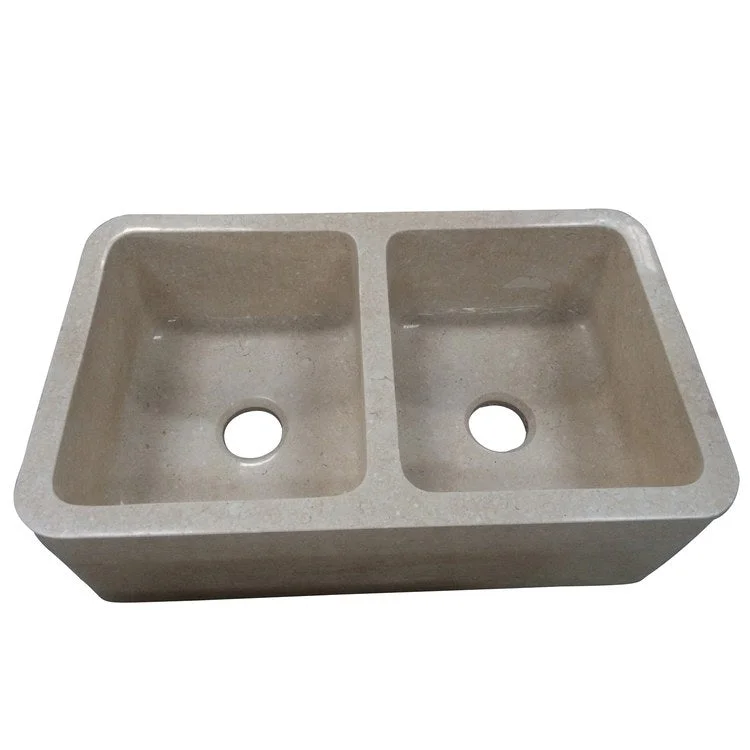 Kitchen Sink 33L x 20W Inch Double Bowl Chicot Farmer Polished Galala Marble Round Edge Rectangle