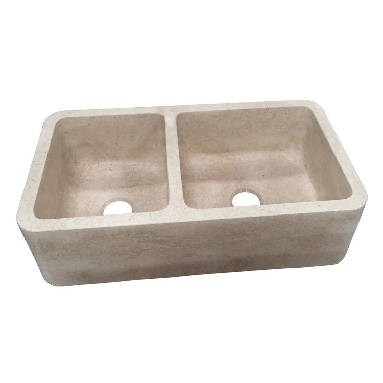 Kitchen Sink 33L x 20W Inch Double Bowl Dryden Farmer Polished Galala Marble Round Edge Rectangle