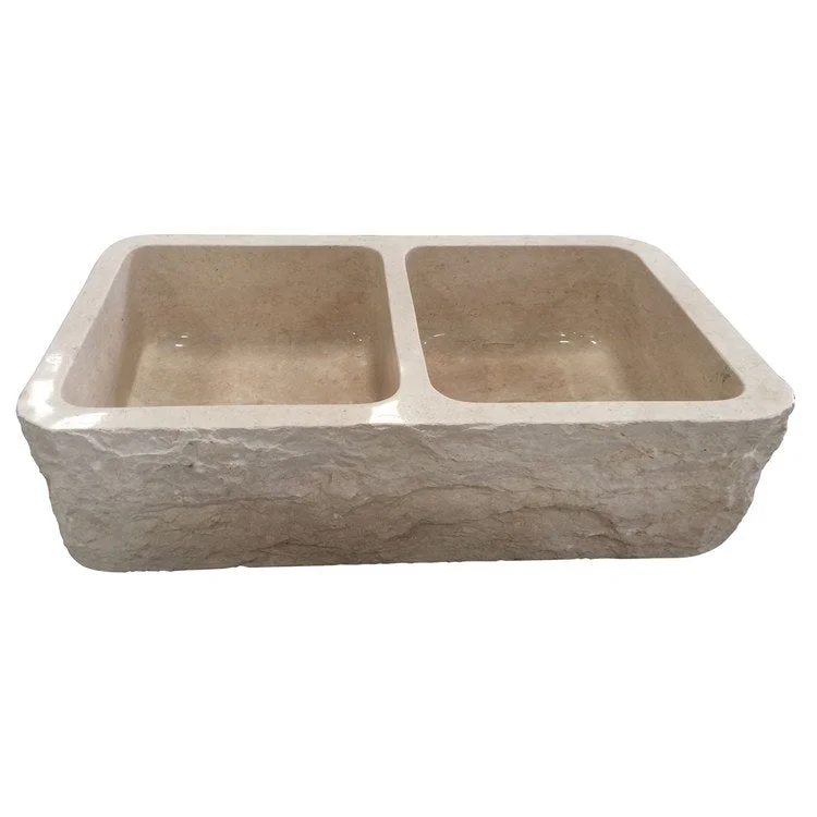 Kitchen Sink 33L x 20W Inch Double Bowl Rushmore Farmer with Chiseled Apron Polished Galala Marble Round Edge Rectangle