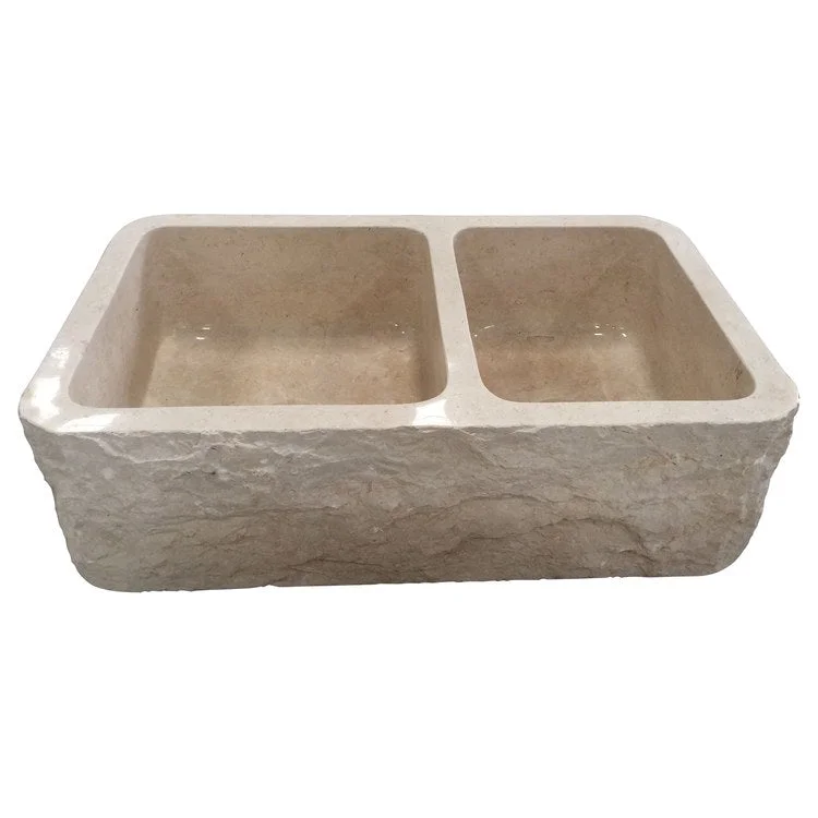 Kitchen Sink 33L x 20W Inch Double Bowl Ranier Farmer with Chiseled Apron Polished Galala Marble Round Edge Rectangle