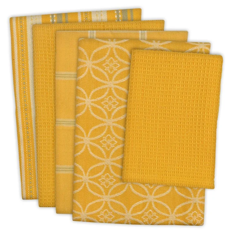 DII Assorted Mustard Dish Towels and Dish Cloth Set of 5