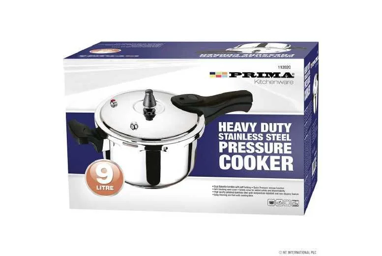 Prima Heavy Duty Stainless Steel Pressure Cooker - Kitchen Cooking Steamer - 9 Litre