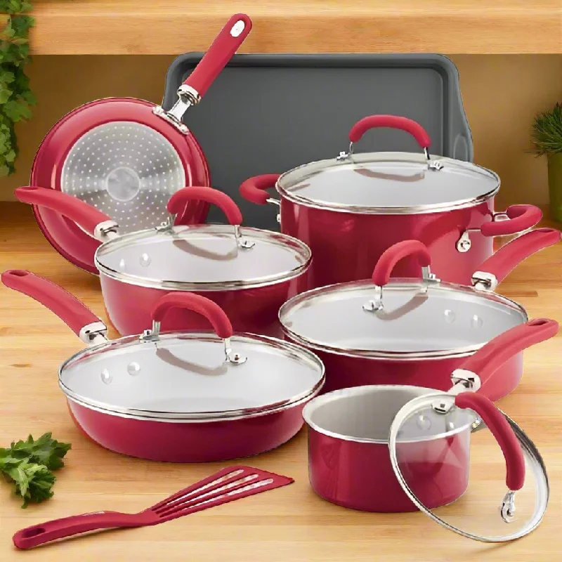 Rachael Ray Nonstick Cookware Pots And Pans Set - 13 Piece - Red Shimmer