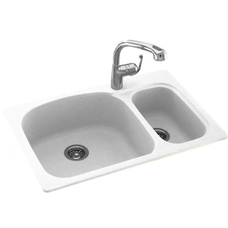 Kitchen Sink 33 x 22 Inch 2 Bowl 1 Hole Tahiti White Dual Mount Rectangle