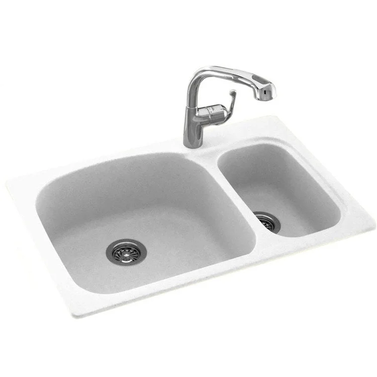 Kitchen Sink 33 x 22 Inch 2 Bowl 1 Hole Glacier Dual Mount Rectangle with Round Corners